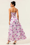 Purple Flower A Line Spaghetti Straps Front Knot Print Maxi Dress with Slit