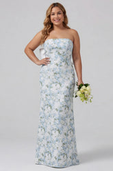 Blue White Flower Sheath Strapless Satin Long Plus Size Bridesmaid Dress with Back Bow