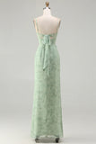 Green Sheath Corset Print Floral Long Bridesmaid Dress with Lace Up Back