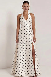 Halter White Black Polka Dot A Line Formal Dress with Slit