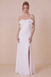 White Spaghetti Straps Ruffle Engagement Dress with Slit