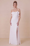 White Spaghetti Straps Ruffle Engagement Dress with Slit