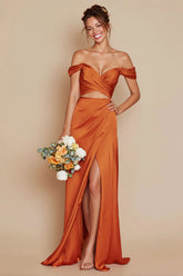 Off the Shoulder Mermaid Orange Cut Out Satin Bridesmaid Dress with Slit