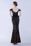 Mermaid Spaghetti Straps Sequin Formal Dress With Feathers