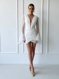 Sheath V Neck Long Sleeves Short Mini Tulle Little White Wedding Dresses