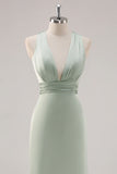 Sage Green Sheath Deep V Neck Ruched Backless Satin Long Bridesmaid Dress