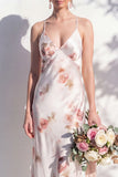 Ivory Red Flower Sheath Spaghetti Straps Long Bridesmaid Dress