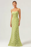Green Mermaid Floral Jacquard Long Bridesmaid Dress with Lace Up Back