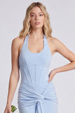Light Blue Halter Ruched Mermaid Corset Bridesmaid Dress