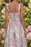 Purple Floral A Line Brocade Corset Spring Wedding Guest Dress