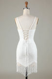 Sparkly White Bodycon Lace Up Back Beaded Short Homecoming Dress with Tassel
