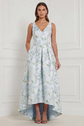 A Line Blue White Floral V Neck High Low Bridesmaid Dress