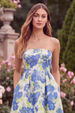 Strapless Blue Floral A Line Wedding Guest Dress with Pockets