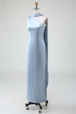 Sheath One Shoulder Convertible Long Satin Dusty Blue Bridesmaid Dress