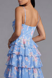 Floral Blue Tiered A Line Basque Wedding Guest Dress with Slit