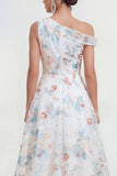 Asymmetrical Neck A Line White Floral Wedding Guest Dress