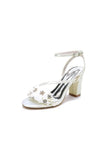 White Open Toe Ankle Strap Chunky Heels with Rhinestone Flower