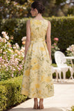 Yellow V Neck A Line Floral Wedding Guest Dress with Sash