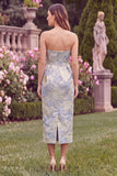 Strapless Light Blue Floral Jacquard Sheath Midi Wedding Guest Dress