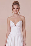 White Satin A Line Corset Midi Dress with Lace up Back