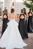 Simple A Line Round Neck Black Satin Long Bridesmaid Dresses
