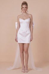 Strapless Basque Satin Bodycon White Graduation Dress with Bow