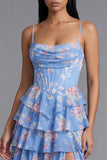 Floral Blue Tiered A Line Basque Wedding Guest Dress with Slit