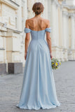Sky Blue Off The Shoulder Chiffon A Line Bridesmaid Dress with Slit