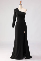 Black One Shoulder Mermaid Long Sleeve Mother of the Bride Dress with Slit