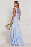 Blue Floral A Line Square Neck Long Bridesmaid Dress