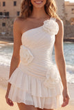 One Shoulder Ivory Ruched Ruffled Short Graduation Dress with 3D Flowers