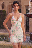 White Pink Flower Bodycon Fringed Sequin Homecoming Dress with Scarf