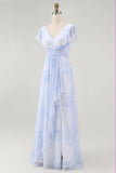 Blue Floral A Line V Neck Backless Long Bridesmaid Dress with Slit