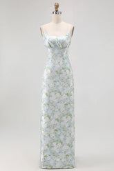 Sheath Blue White Flower Spaghetti Straps Print Long Bridesmaid Dress with Back Slit