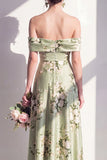 Off the Shoulder A Line Sage Green Floral Bridesmaid Dress