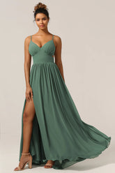 Eucalyptus A Line Spaghetti Straps Floor Length Chiffon Bridesmaid Dress with Slit