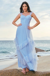 Grey Blue A Line Ruched Corset Long Bridesmaid Dress with Ruffles