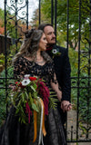 Modern Gothic Boho Lace Black Wedding Dress Vintage Unique A Line Long Sleeve Bridal Gown with Court Train