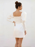 White Satin Short Wedding Dress with Puff Sleeves