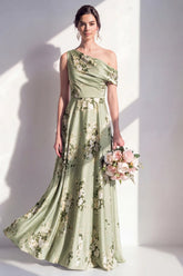One Shoulder Sage Green A Line Satin Floral Bridesmaid Dress