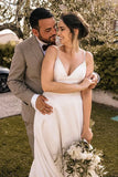 Elegant A Line V Neck Straps Satin Wedding Dresses