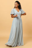 Dusty Blue A Line V Neck Short Sleeves Long Chiffon Bridesmaid Dress