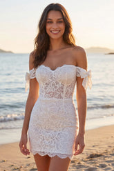 Ivory Off the Shoulder Lace Corset Short Wedding Dress with Bows