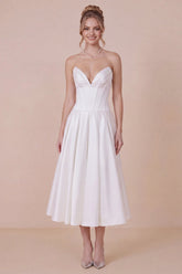 White Satin A Line Corset Midi Dress with Lace up Back