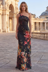 One Shoulder Cut Out Mermaid Floral Black Formal Dress