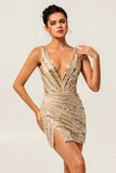 Sparkly Sequins Golden V Neck Backless Short Homecoming Dress