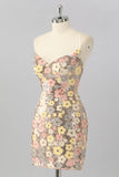 Yellow Flower Bodycon Sequins Spaghetti Straps Homecoming Dress with Lace Up Back