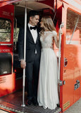 A Line Cap Sleeve Long Backless Wedding Dresses with Appliques