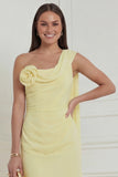 One Shoulder Sheath Daffodil Midi Wedding Guest Dress with 3D Flowers