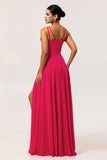 Hot Pink Cowl Neck A Line Chiffon Long Bridesmaid Dress with Slit